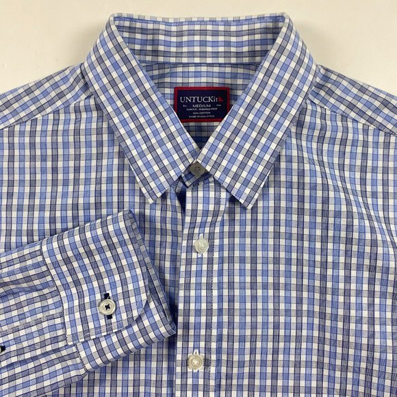 NWOT UNTUCKit Slim Fit Wrinkle Free Shirt Mens Medium Blue Black Gingham Check - Picture 1 of 10
